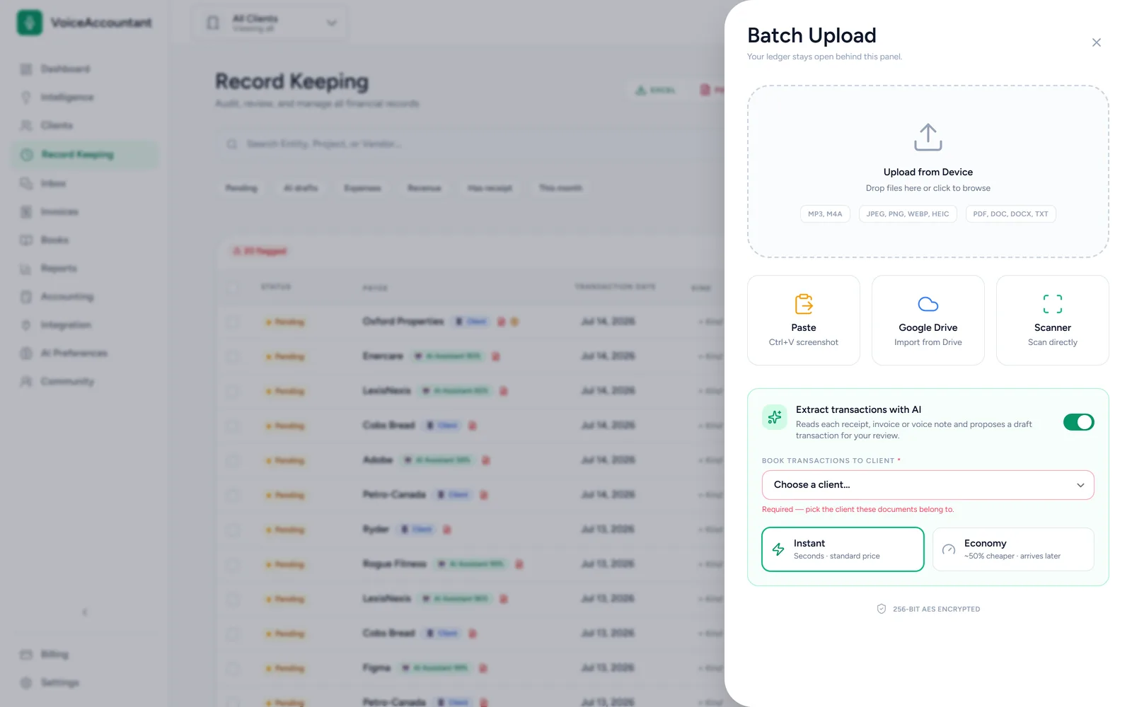 Batch upload panel accepting photos, PDFs, Word docs and voice notes, with an AI extraction toggle