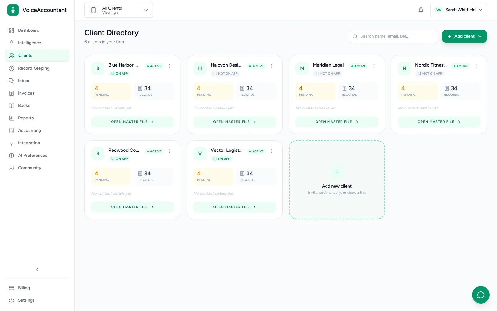 Client directory showing each client, pending counts, and which are active on the mobile app