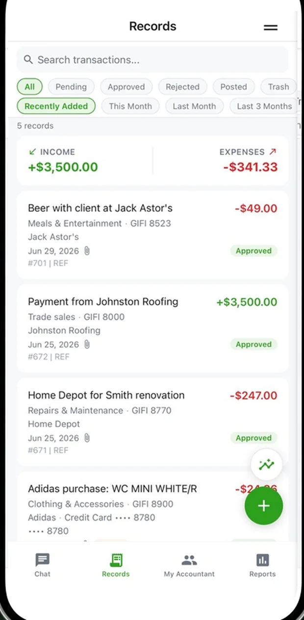 The client's records list with GIFI codes and approval status