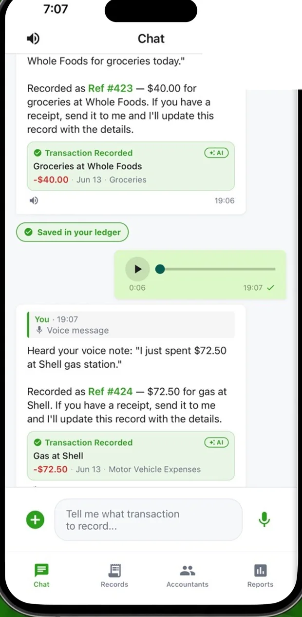 A client capturing two expenses by voice, booked to their ledger